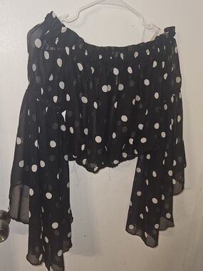 Black Polka Dot Off-Shoulder Flowy Crop Top